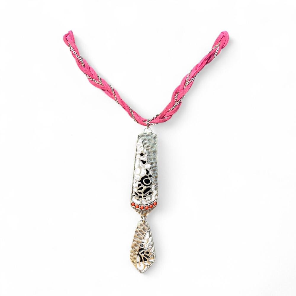 NWT New Directions Silver Tone Pink Braided Filigree Pendant Necklace